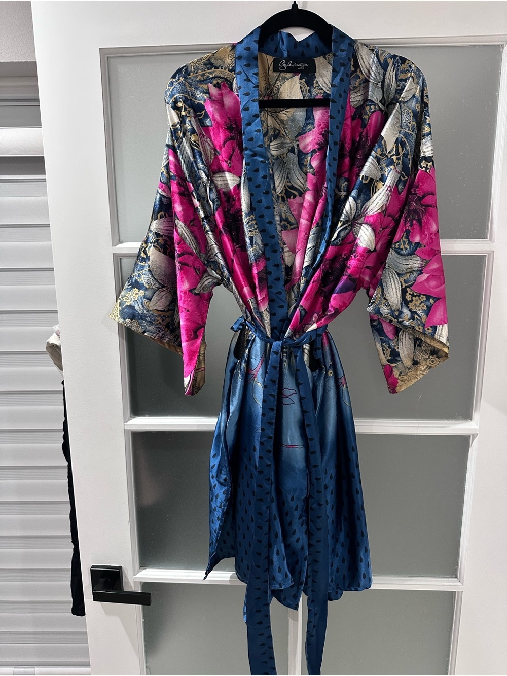 Gulimego Blue Pink Floral Satin Long Kimono Robe Belted